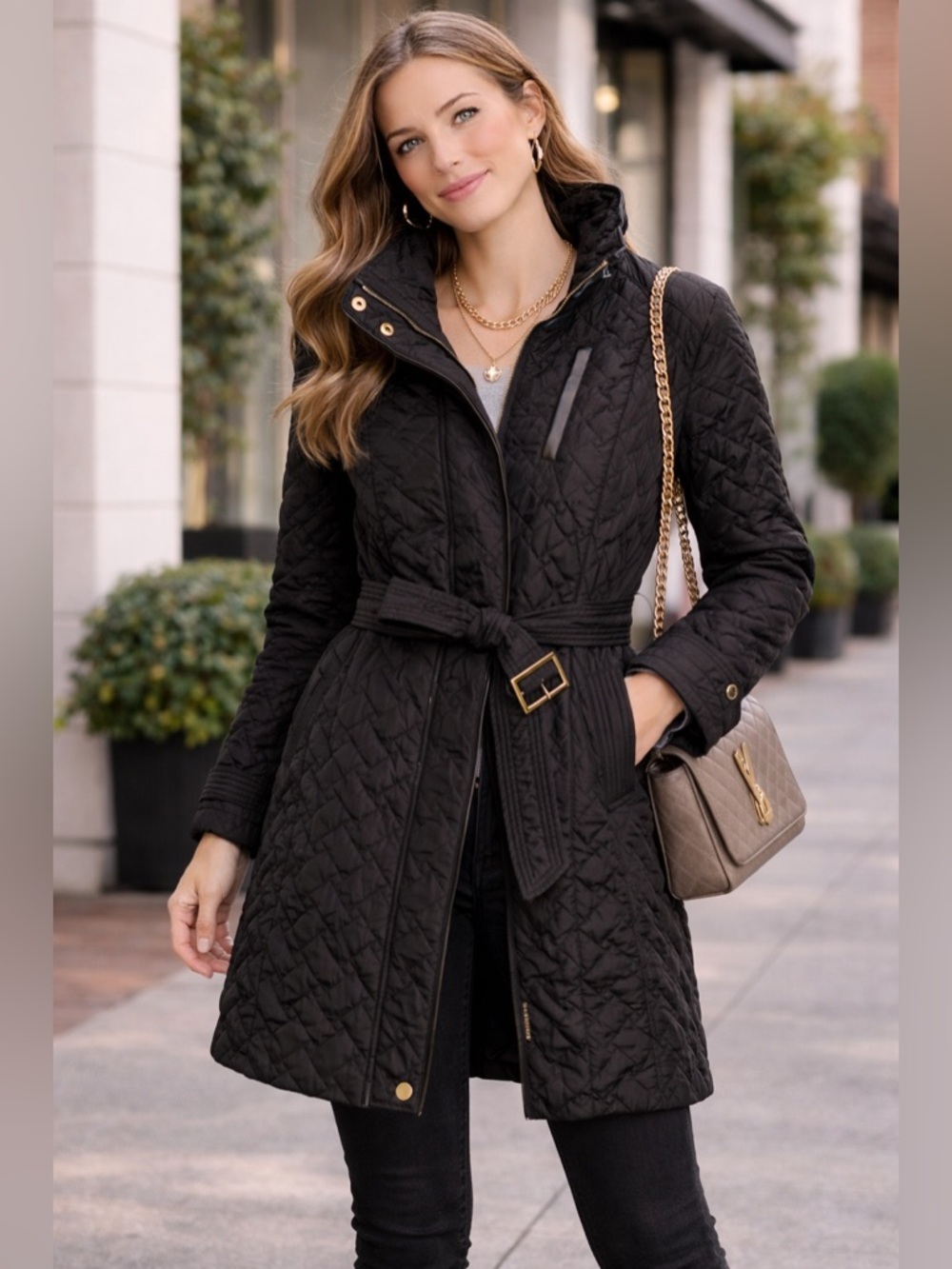 Cole Haan Black Quilted Belted Puffer Coat